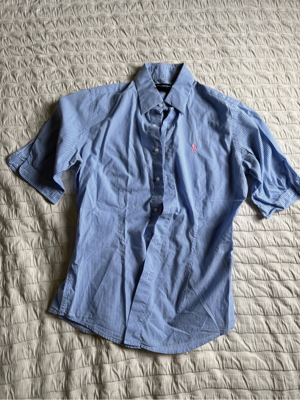 Ralph Lauren Light Blue Micro-Check Short Sleeve Button-Down Shirt sz 4 Tailored